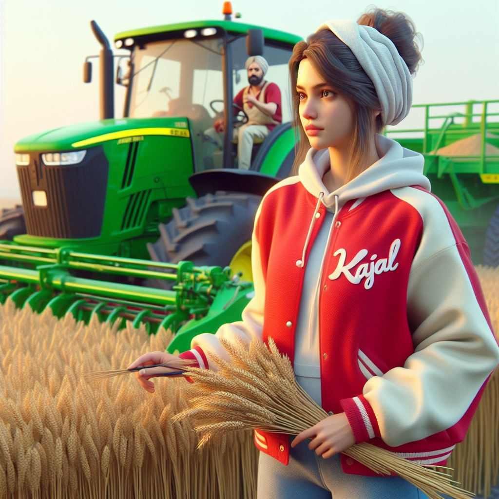 Create 3D realistic image of an 18 year old Indian boy standing in front with wheat in his hand, another driving a John Deere tractor and he cuts wheat with a tractor driven ripper machine and "Raj" written on his red and white jacket and a clean scarf on his head paghdi is tied, 4k quality